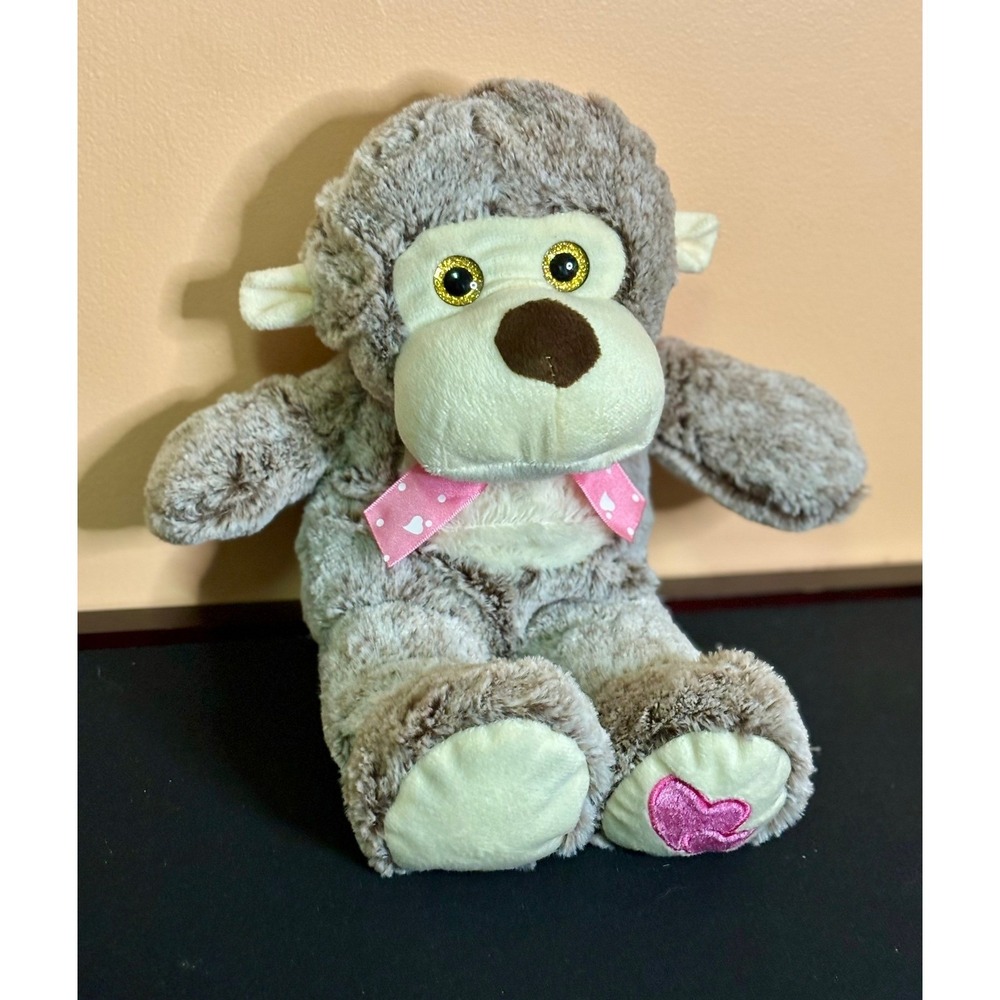 Linzy Toys Plush Monkey Gray Brown Cream Pink Love Heart Bow Stuffed Animal 13"